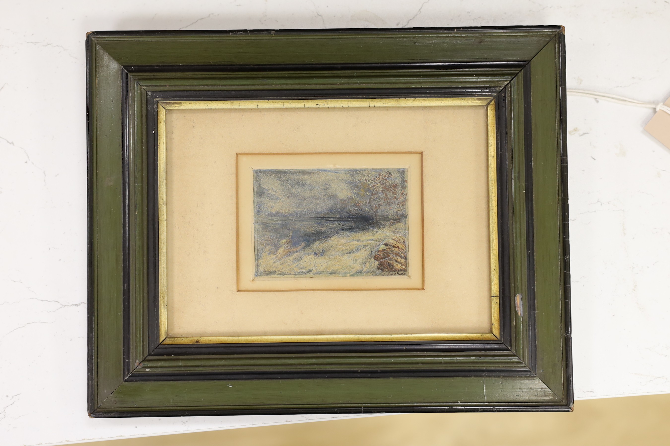 James Smetham (1821-1889), watercolour, Coastal landscape with mermaid, signed, 6 x 8.5cm